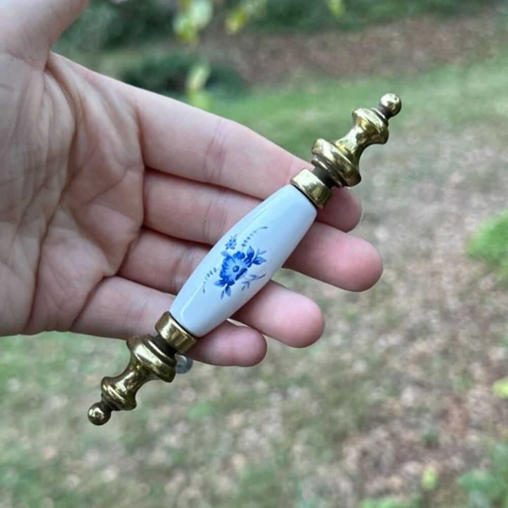 2 Vintage Brass Porcelain Floral Drawer Pull Center Farmhouse Shabby Hardware